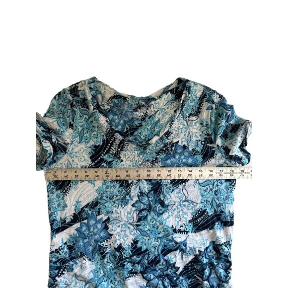 Gloria Vanderbilt  V-Neck Blue & White Floral Print Top Side Drawstrings Small - Picture 8 of 9